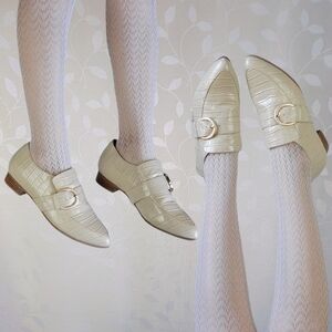 Bared Footwear Croc Embossed Leather Loafers Cream White Gold Buckle Size 40